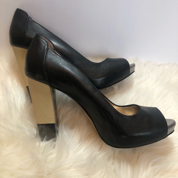 BCBG Wood and Gold Block Peep Toe Heel - Picture 2 of 7